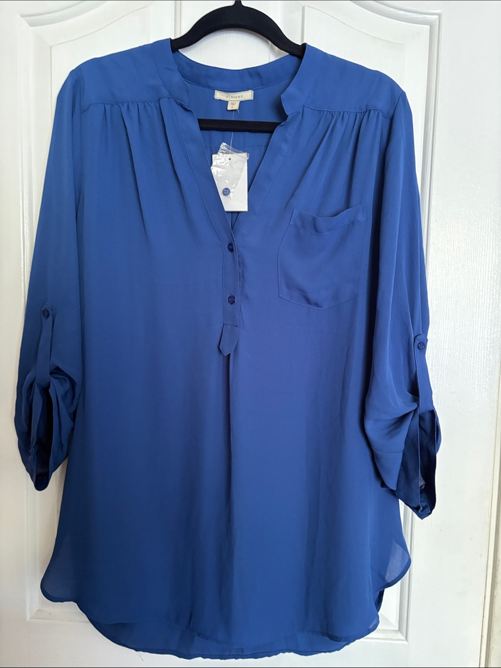 Pleione Royal Blue Split-Neck Roll-Tab Sleeve Tunic